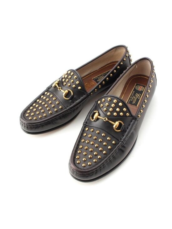 Gucci Shoes - Gucci Horsebit Studded Loafers Black Gold 36.5